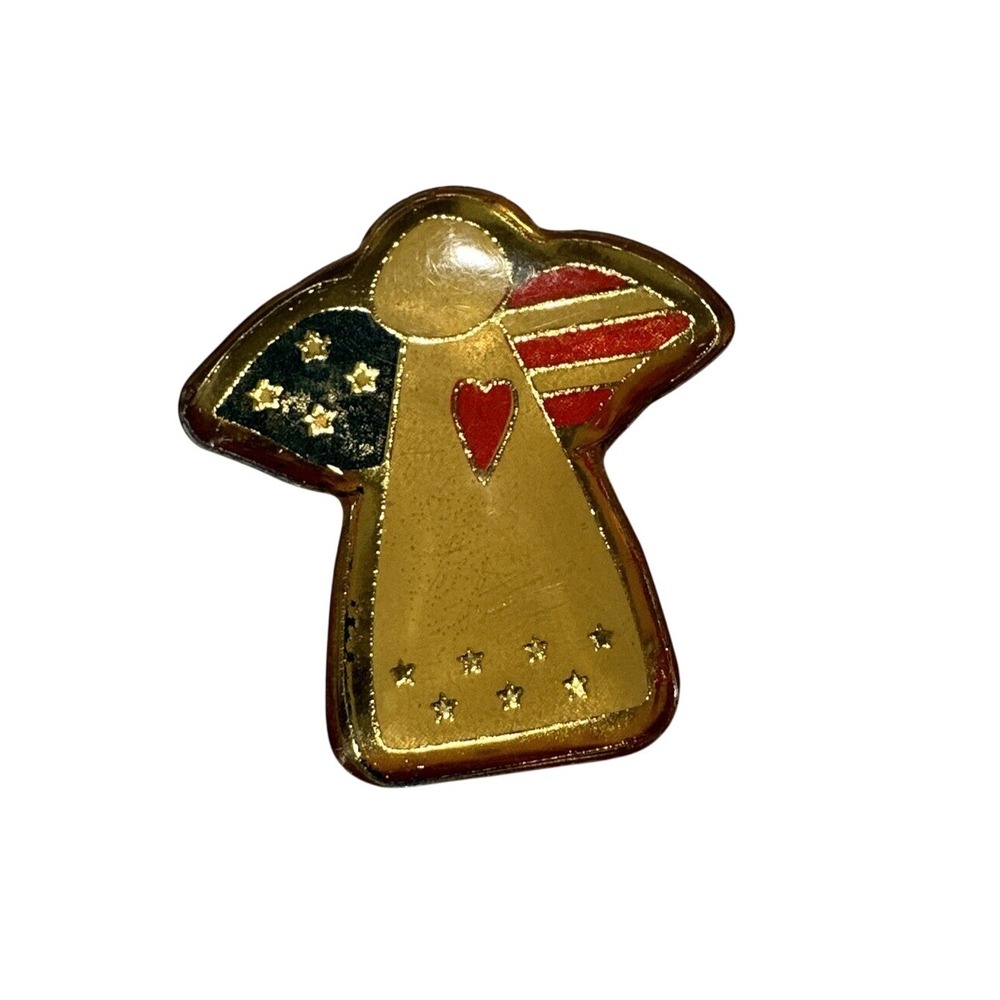Angel Pin Patriotic American Flag Heart Gold Tone Lapel Brooch Jewelry